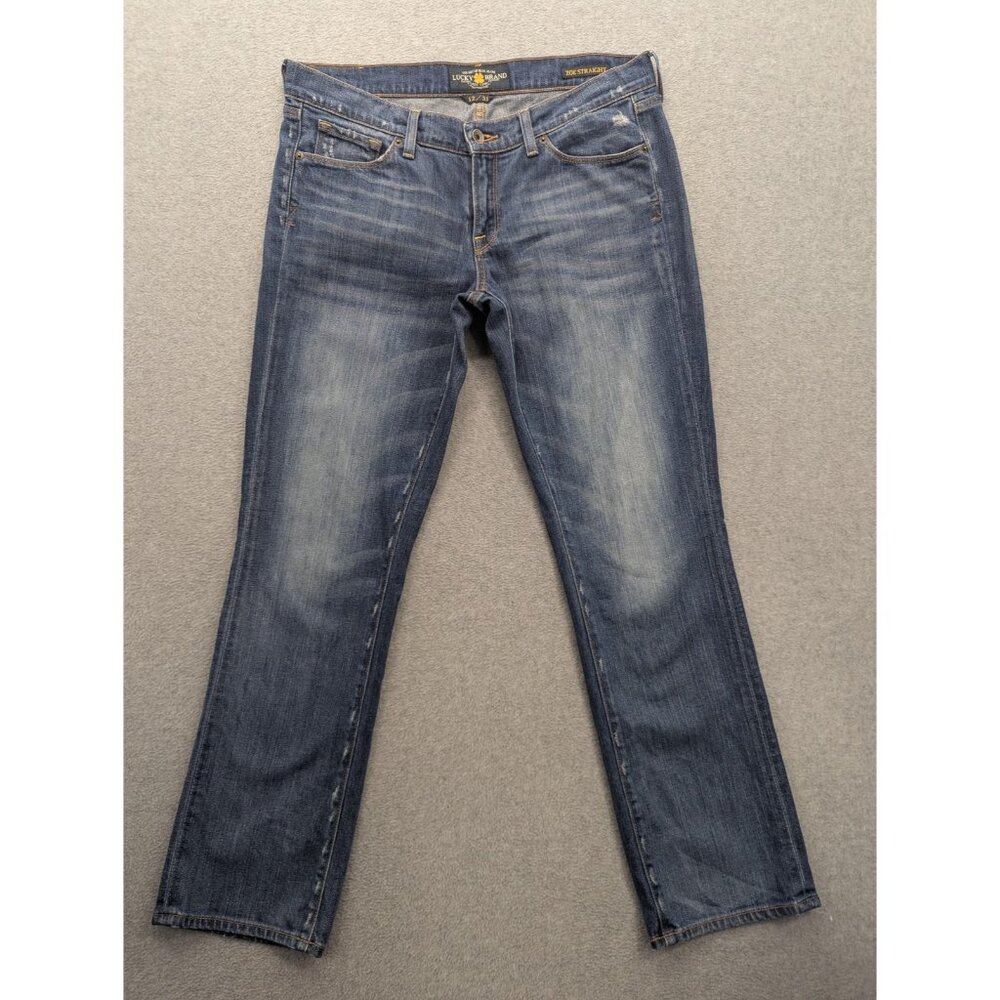Lucky Brand Zoe Straight Jeans Womens 12 Medium Wash Mid Rise Distressed Stretch